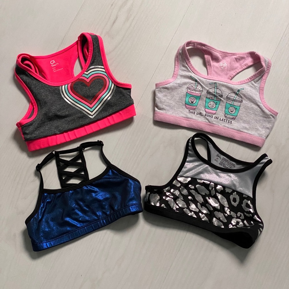 GAP and Justice girls 26” sports bra bundle of 4